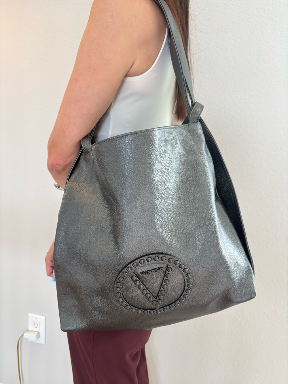 Valentino by Mario Valentino Metallic Gray Studded Leather Tote